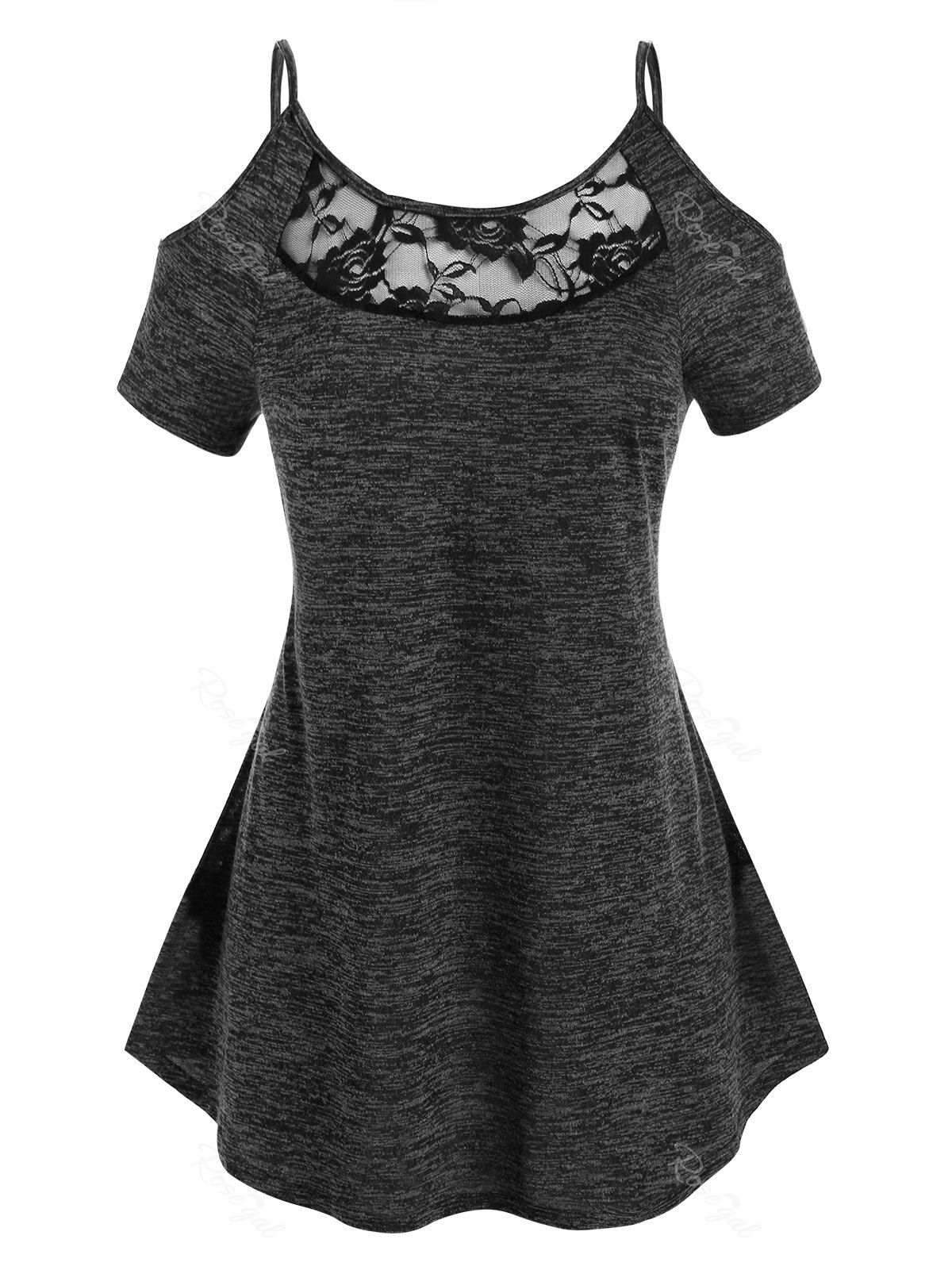 

Plus Size Space Dye Cold Shoulder Lace Panel Tee, Black
