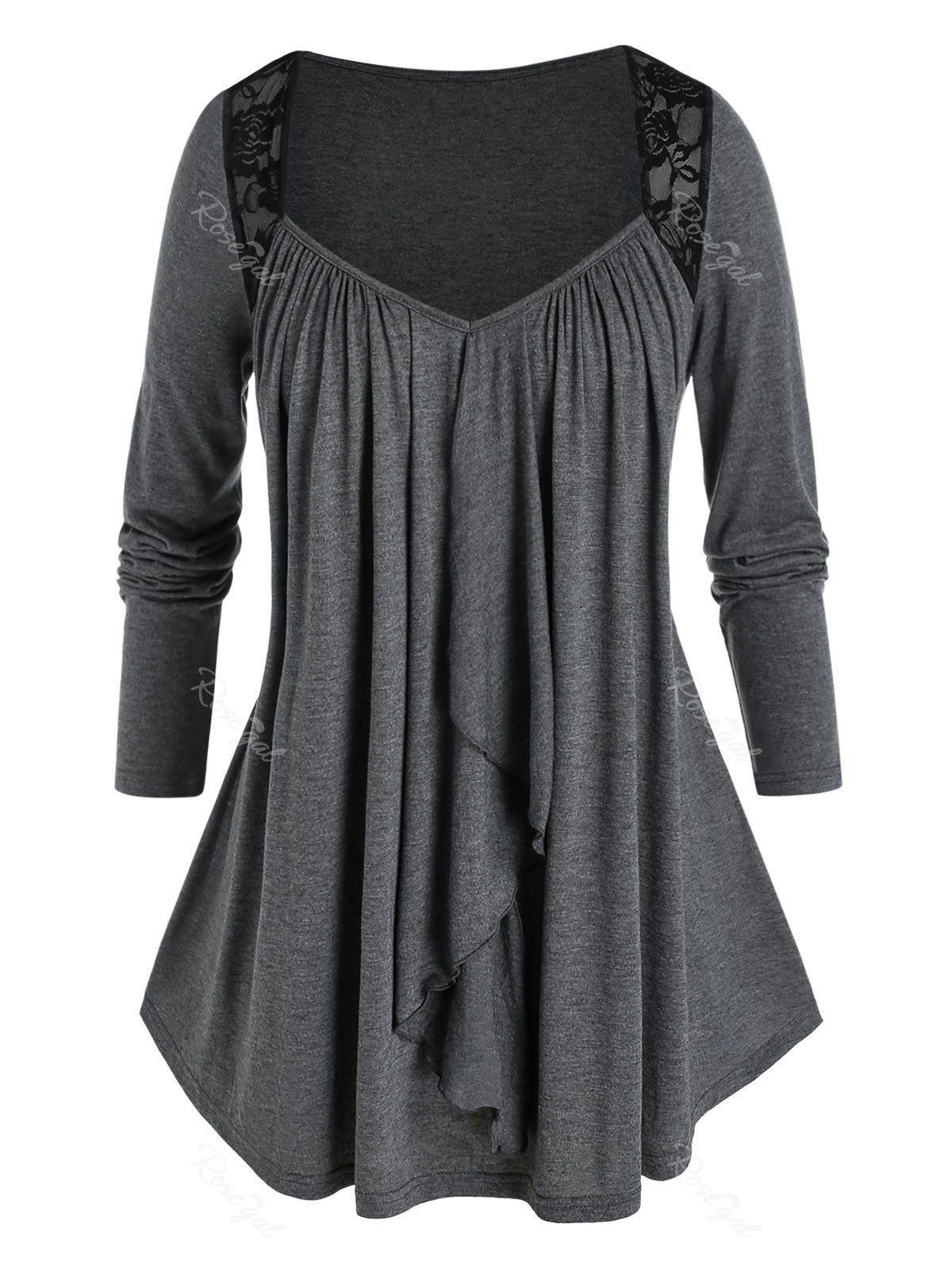 

Plus Size Draped Lace Insert T Shirt, Ash gray