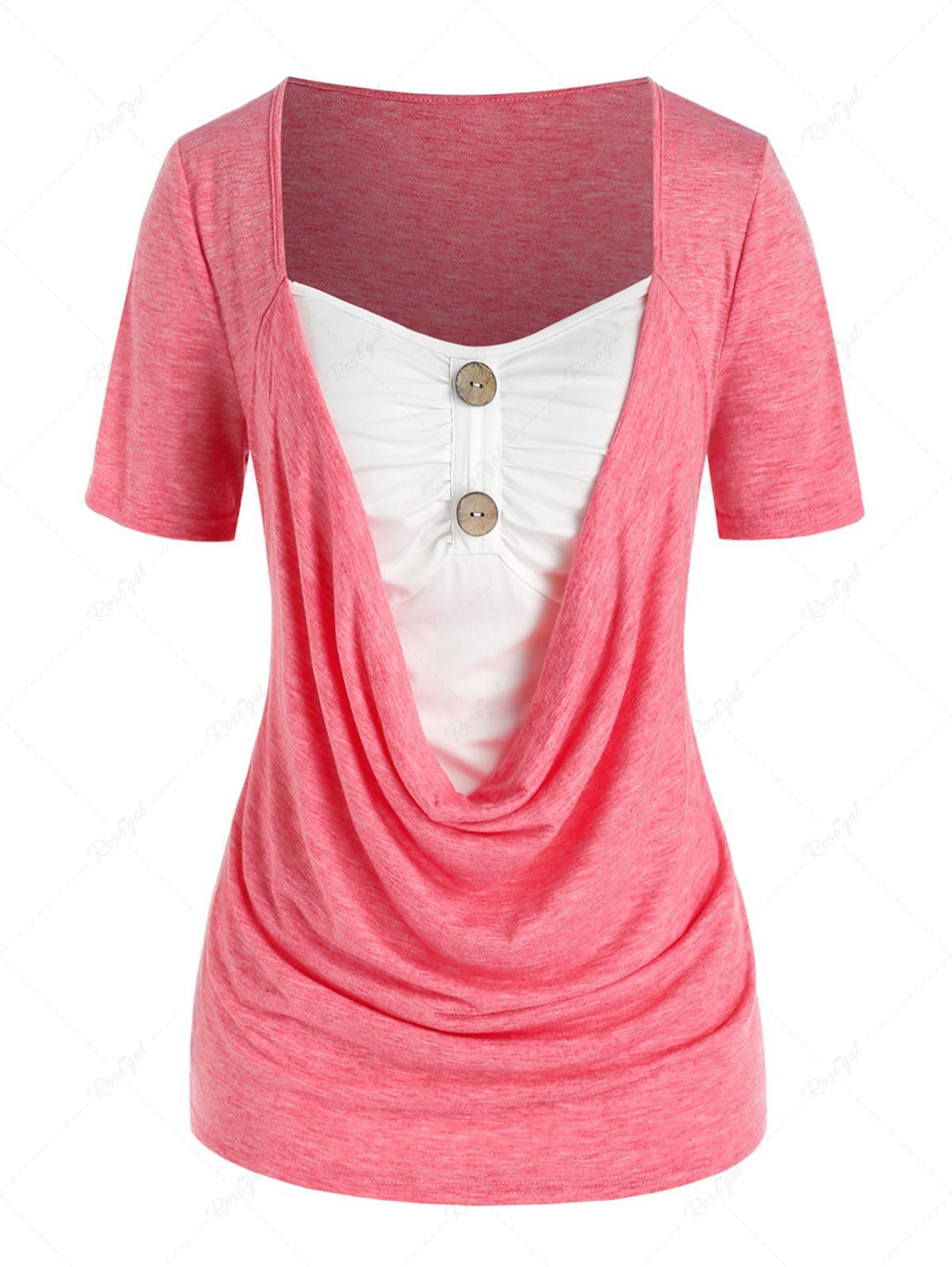 T-shirt Boutonné Bicolore Drapé Grande Taille à Volants Rose Flamant 1X
