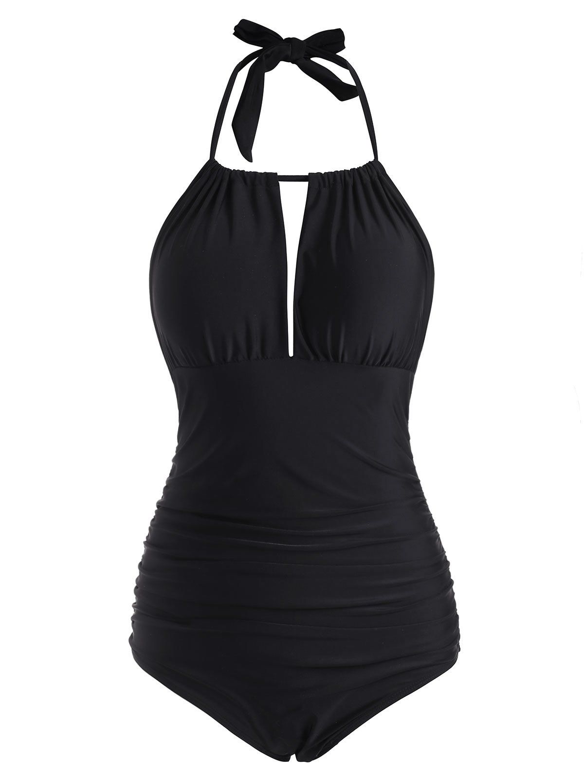 

Halter Cutout Ruched One-piece Swimsuit, Black