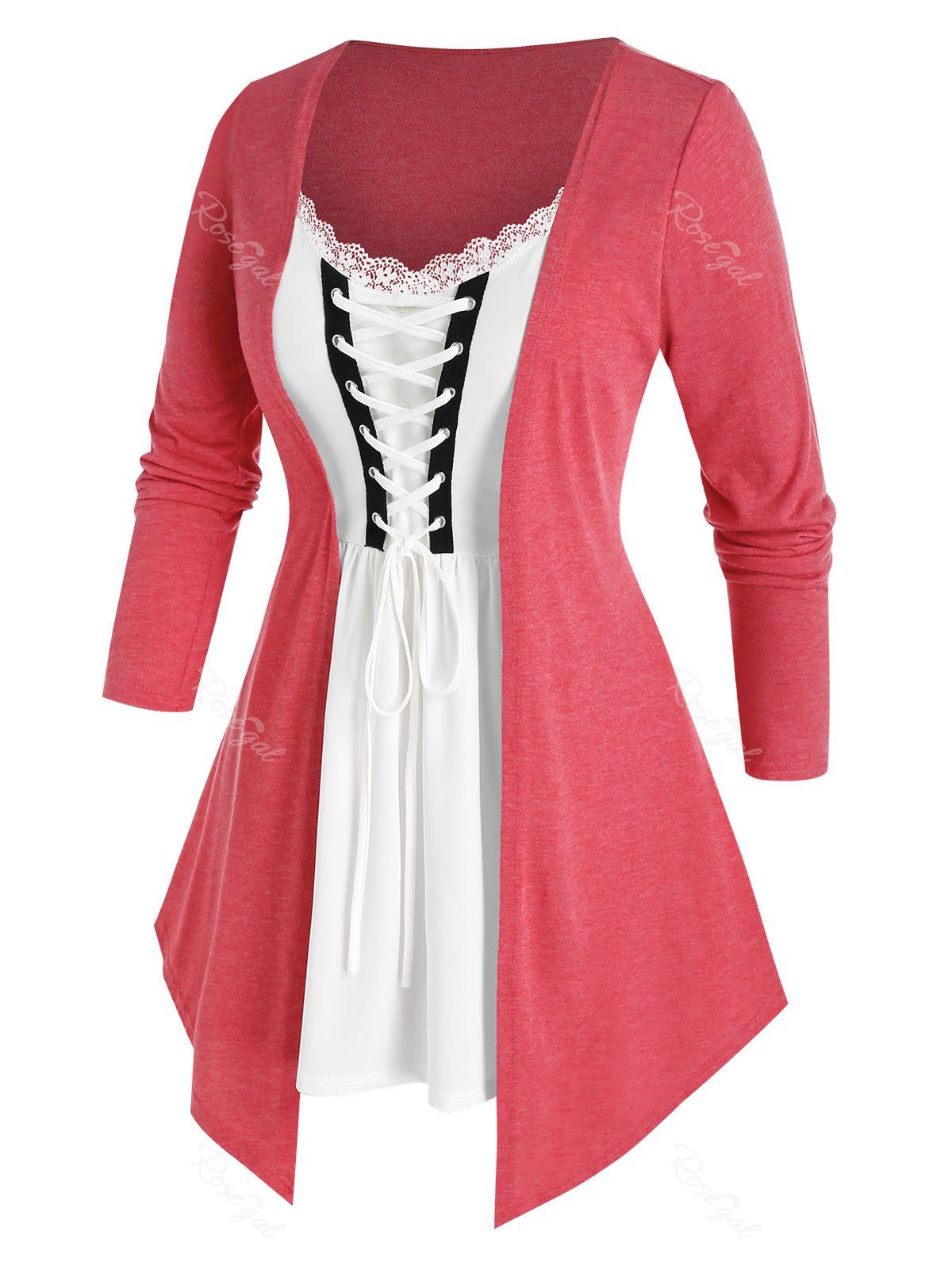 

Plus Size Faux Two Piece Lace Up T Shirt, Valentine red