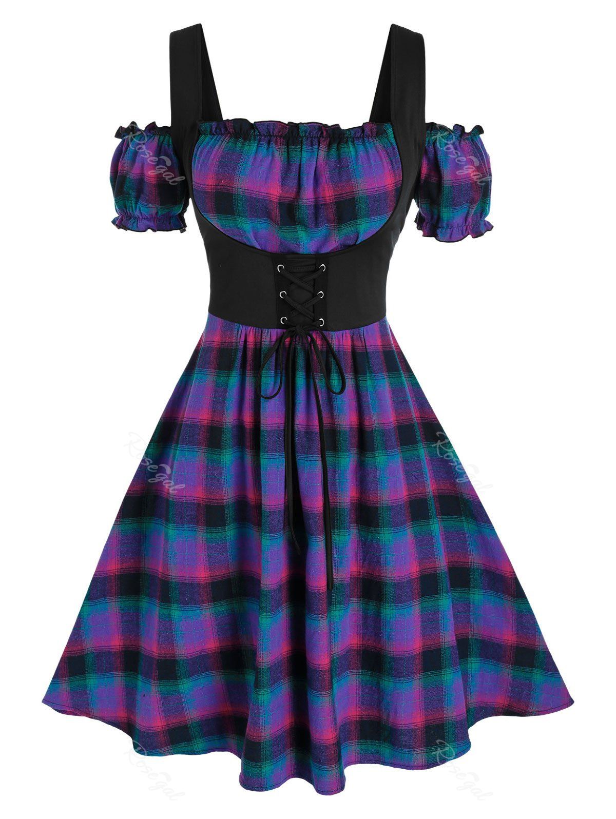 Affordable Plus Size Plaid Lace-up Corset Waist Frilled Cold Shoulder Retro Dress  