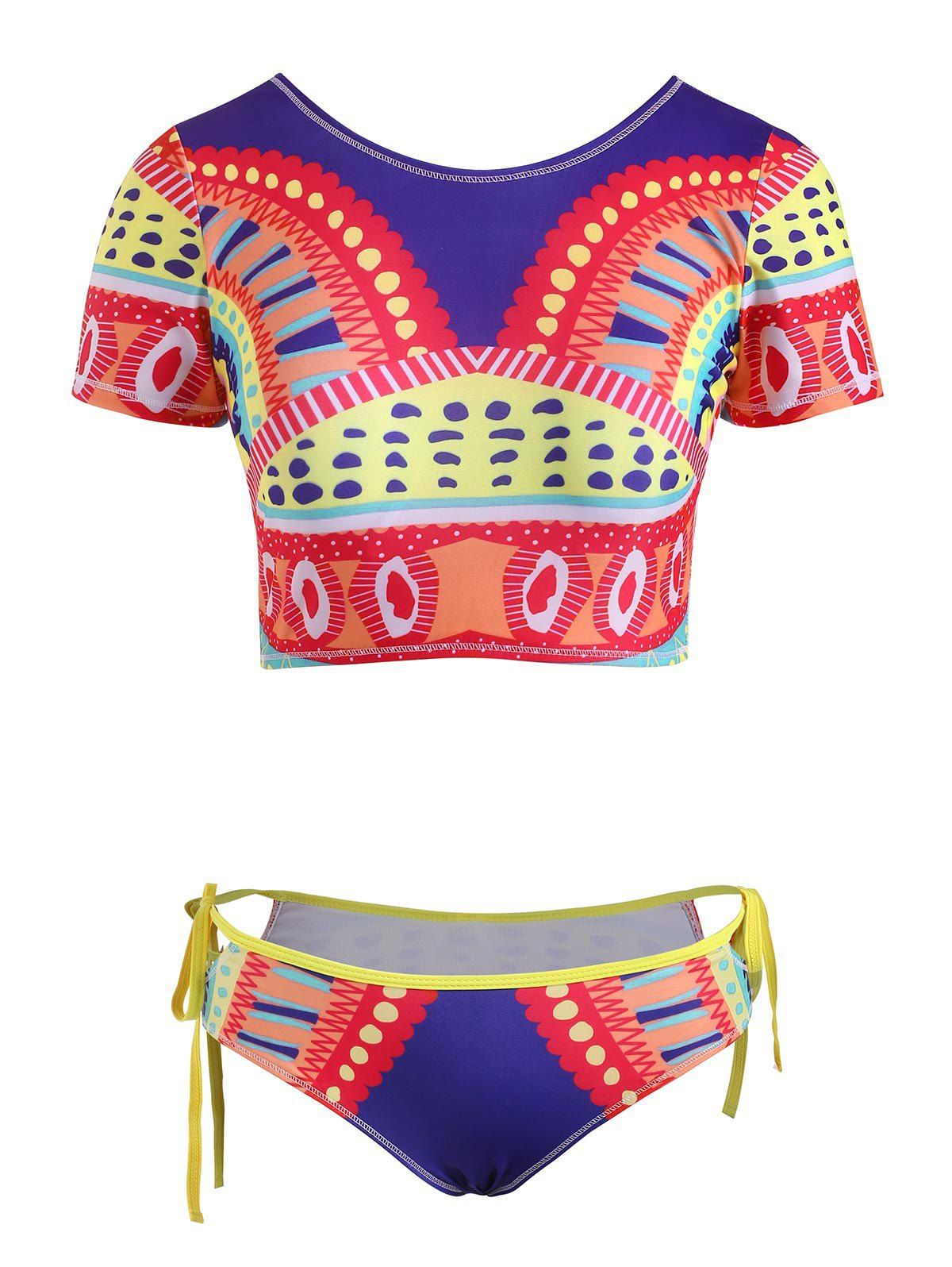 

Aztec Print Tie Cutout Tankini Swimwear, Deep blue