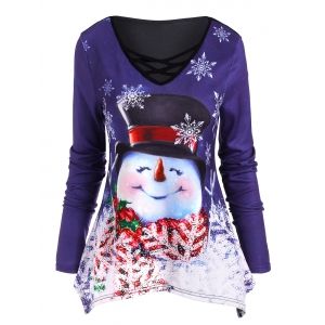 

Christmas Snowflake Snowman Crisscross Uneven Hem Knitwear, Deep blue