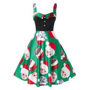 

Plus Size Christmas Cat Print Vintage Dress, Green