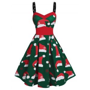 

Plus Size Christmas Hats Print Eyelet Straps Dress, Deep green