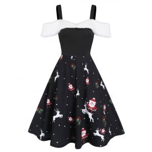 

Plus Size Cold Shoulder Faux Fur Insert Christmas Print Dress, Black