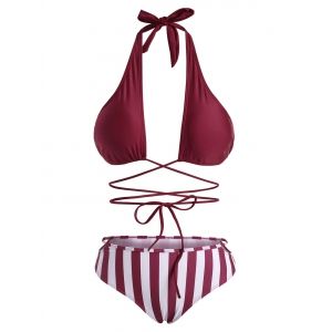 

Striped Halter Cross Wrap Bikini Swimwear, Deep red