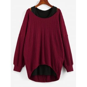 

Drop Shoulder Jacquard High Low Sweater and Plain Tank Top, Firebrick