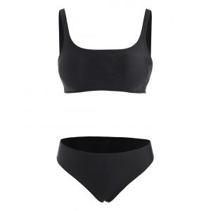 

Solid Color Square Neck Tank Bikini Swimwear, Black