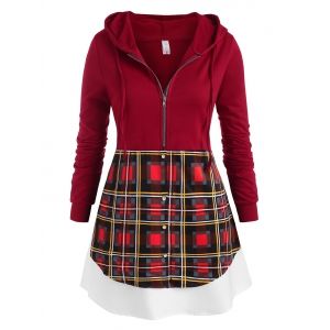 

Plus Size Half Zipper Plaid Hooded Layered Top, Red