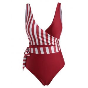 

Plunge Striped Wrap One-piece Swimsuit, Red