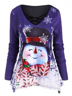 Christmas Snowflake Snowman Crisscross Uneven Hem Knitwear - DEEP BLUE - M