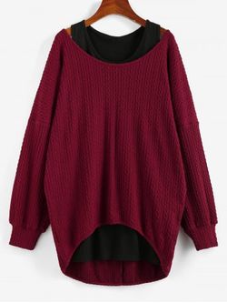 Drop Shoulder Jacquard High Low Sweater and Plain Tank Top - FIREBRICK - XL