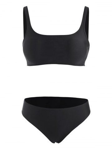 Tanque de cuello cuadrado de color sólido Bikini traje de baño - BLACK - M