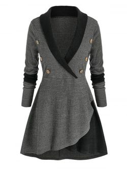 Plus Size Two Tone Shawl Collar Skirted Tunic Sweater - GRAY - L