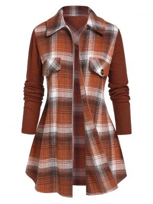 Plus Size Plaid Zip Knitted Sleeve Flap Detail Shacket