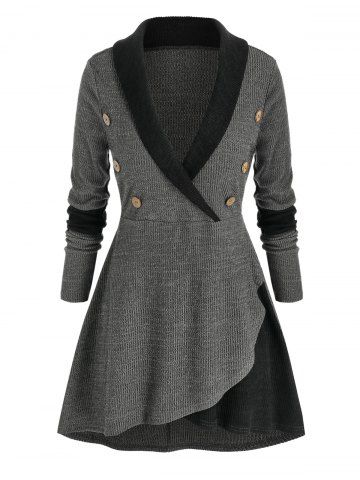 Plus Size Two Tone Shawl Collar Skirted Tunic Sweater - GRAY - 1X