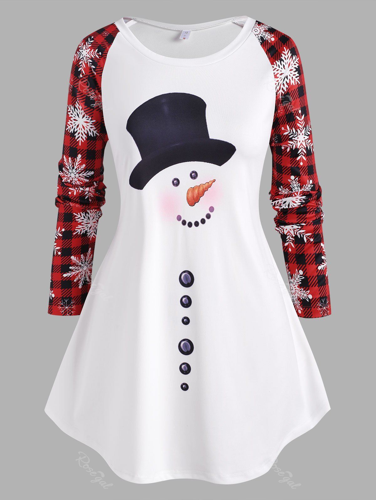 

Plus Size Christmas Raglan Sleeve Plaid Snowman Print T Shirt, Red