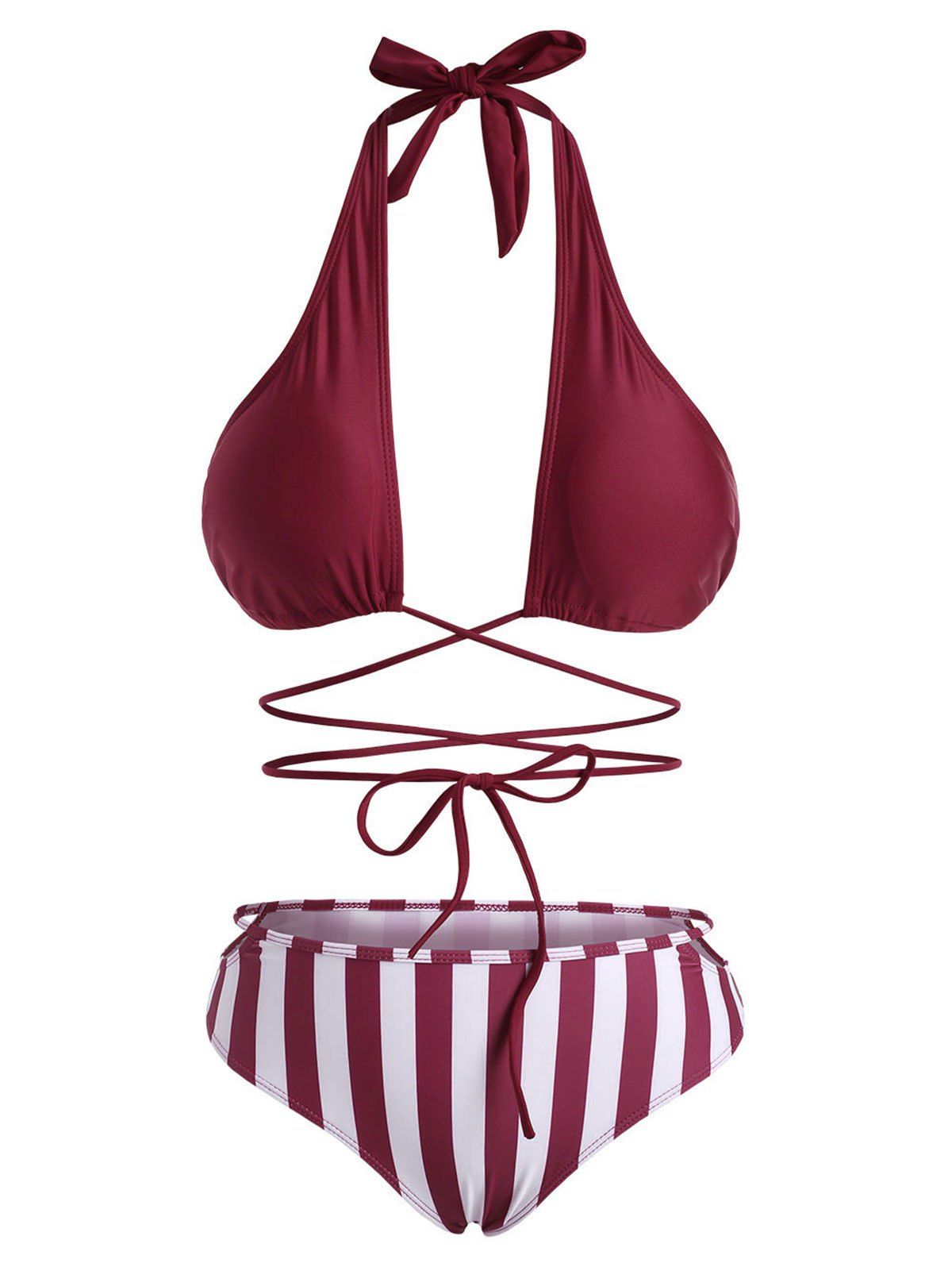 

Striped Halter Cross Wrap Bikini Swimwear, Deep red