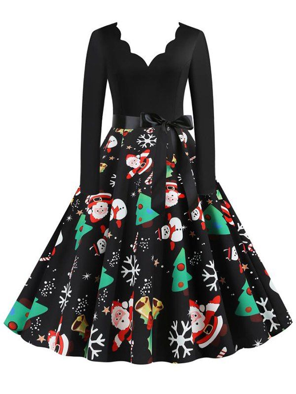 

Christmas Trees Snowman Snowflake Long Sleeve Belted Dress, Black