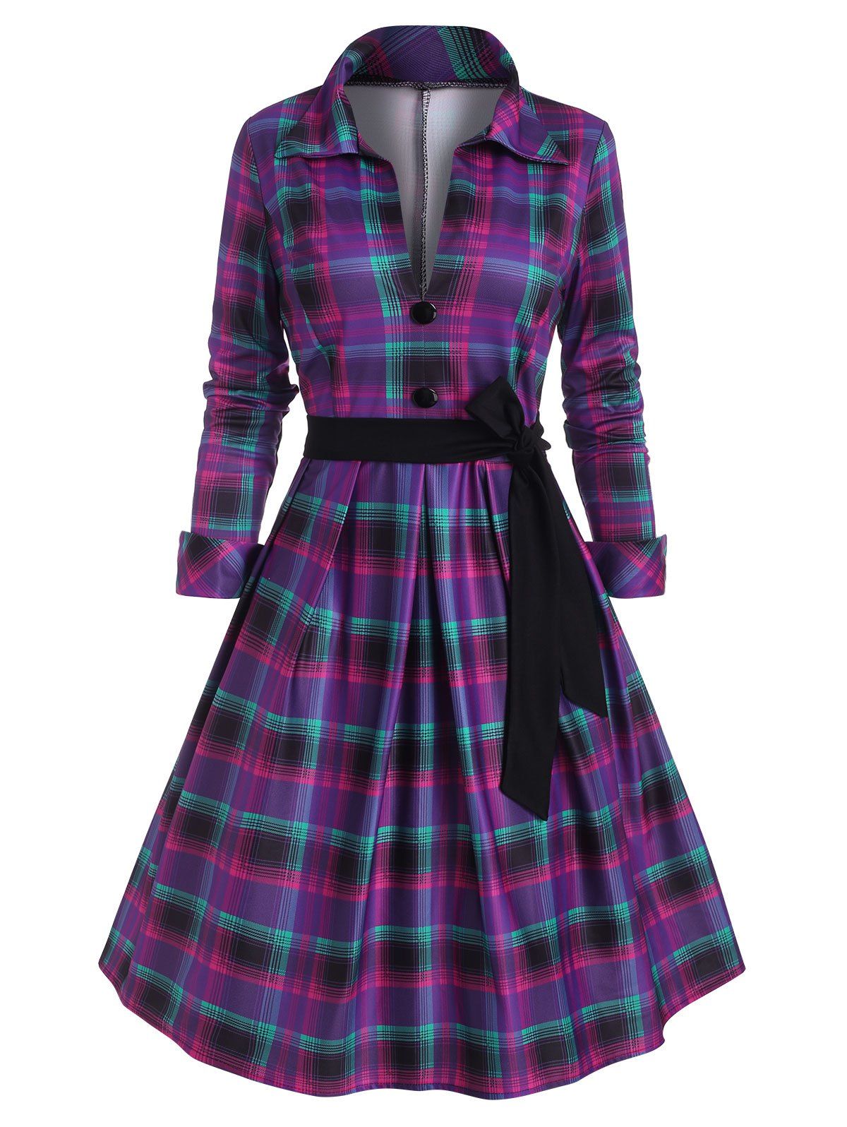 

Tartan Button Embellished Belted Dress, Purple