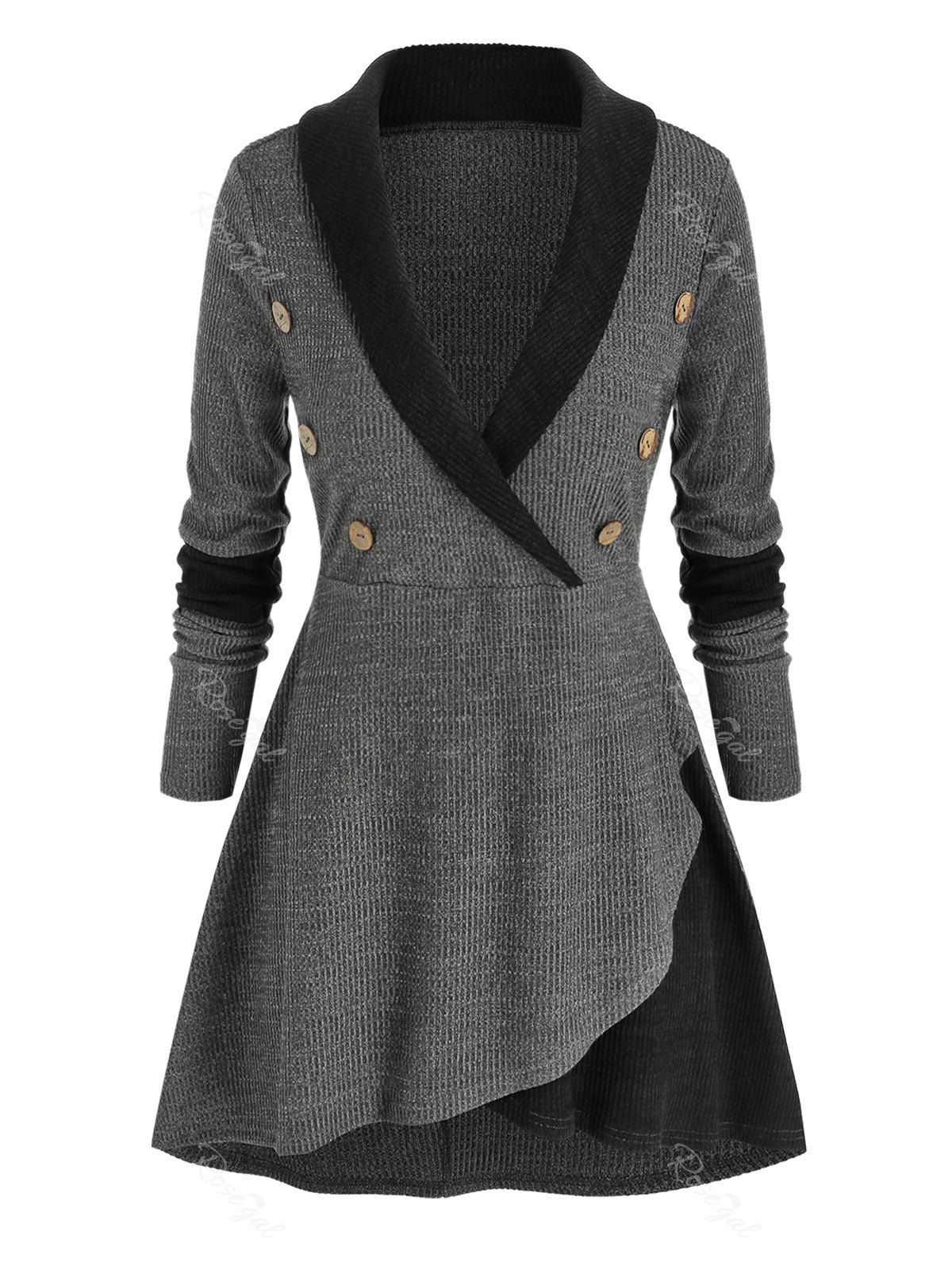 Fashion Plus Size Two Tone Shawl Collar Skirted Tunic Sweater  