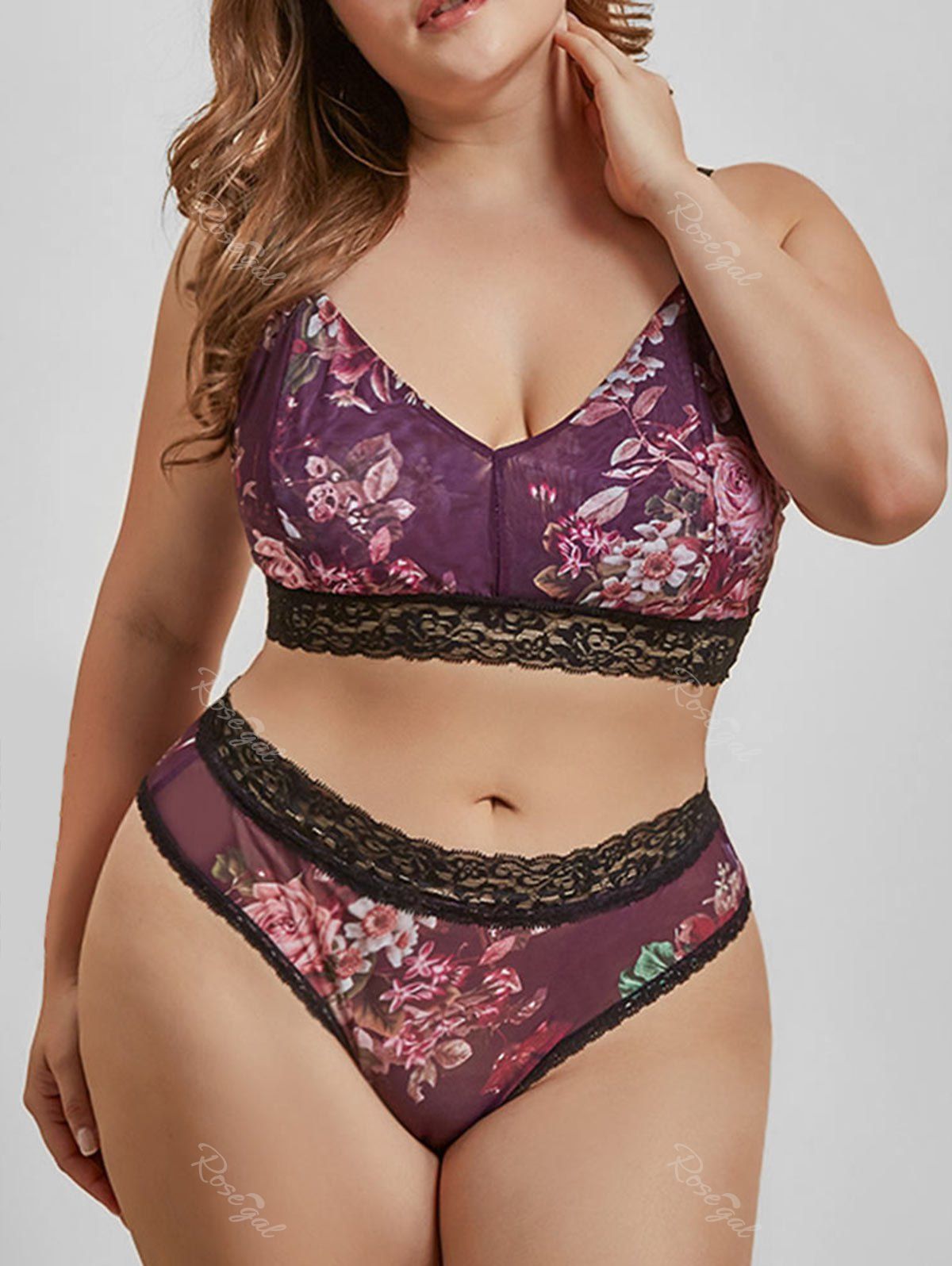 

Plus Size Floral Print Mesh Lingerie Bra Set, Light purple