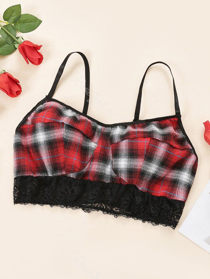 

Plus Size Plaid Lace Mesh Insert Bra, Red