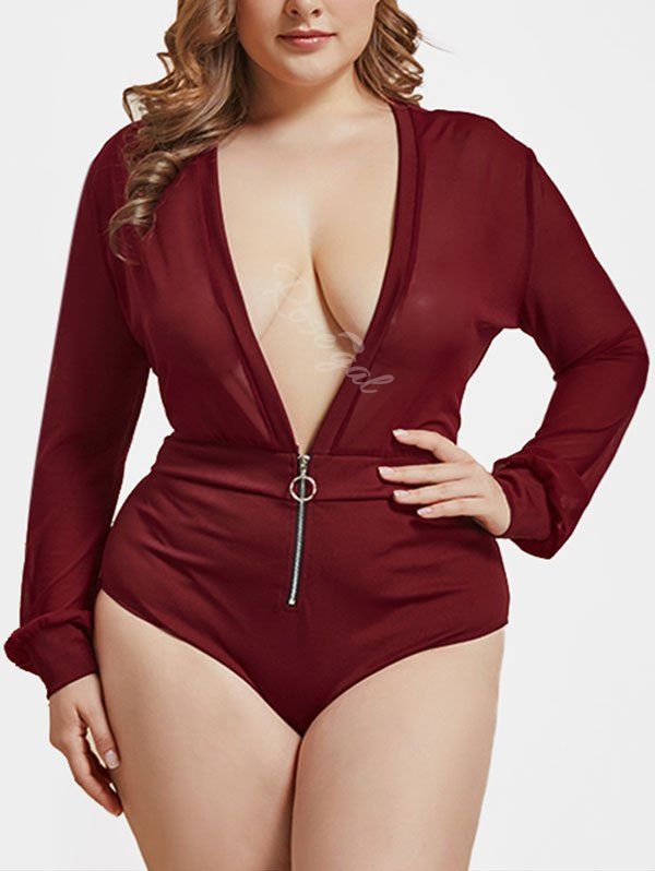 

Plus Size Mesh Plunging Zip Bodysuit, Deep red