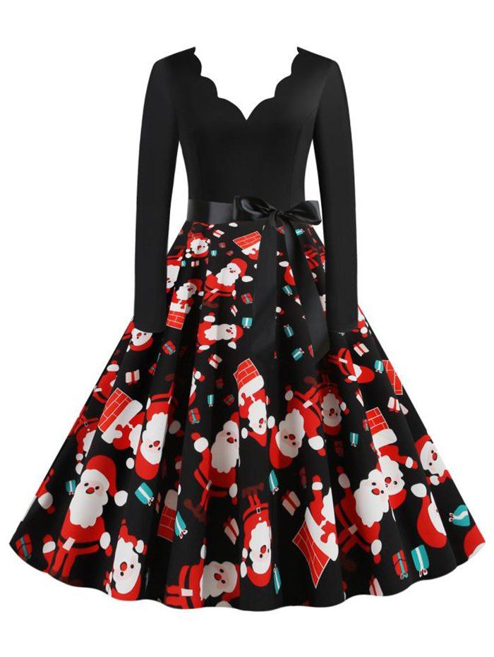 

Christmas Santa Claus Gift Belted Long Sleeve Dress, Black