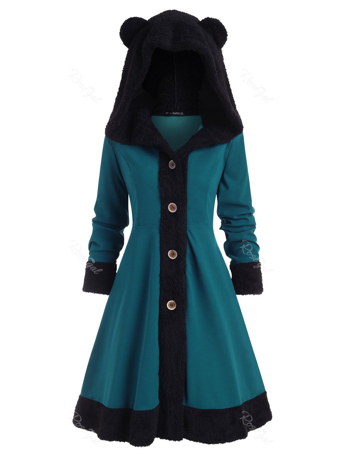 

Animal Hooded Fluffy Panel Button Up Plus Size Coat, Green