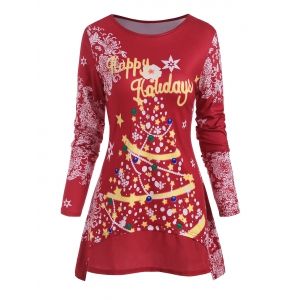 

Christmas Tree Happy Holidays Graphic High Low T Shirt, Deep red