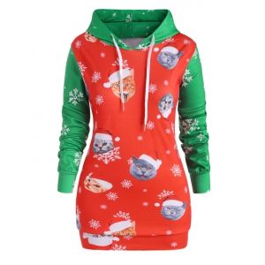 

Plus Size Christmas Printed Two Tone Hoodie, Red