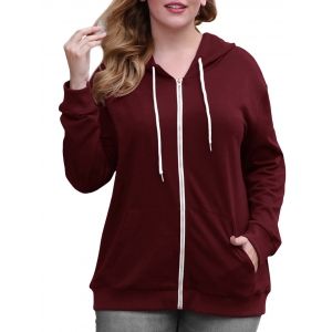 

Drawstring Zip Up Pockets Plus Size Hoodie, Deep red