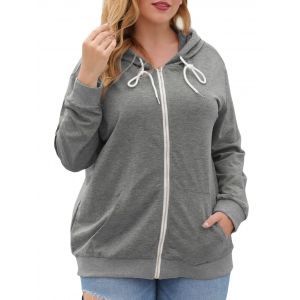 

Drawstring Zip Up Pockets Plus Size Hoodie, Gray