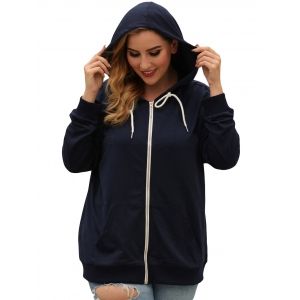 

Drawstring Zip Up Pockets Plus Size Hoodie, Blue