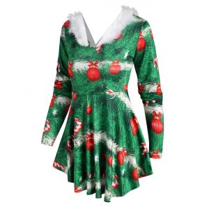 

Christmas Tree Ball Print Faux Fur Panel T Shirt, Green