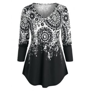 

Plus Size Tribal Print Tunic Curved Tee, Black