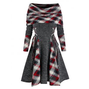 

Plaid Print Lace-up Convertible Flare Dress, Multi a