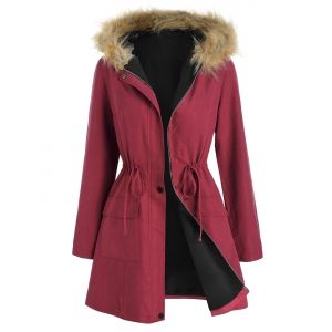 

Faux Fur Panel Drawstring Waist Coat, Red wine