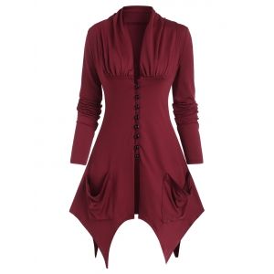 

Button Up Plunging Slit Pocket Handkerchief T Shirt, Deep red