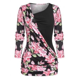 

Plus Size Skew Neck Ruched Floral Print T Shirt, Black