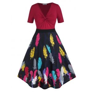 

Plus Size Feather Print Twisted High Rise Midi Dress, Multi