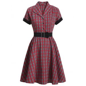 

Mock Button Plaid Belted Rolled Sleeve Dress, Red
