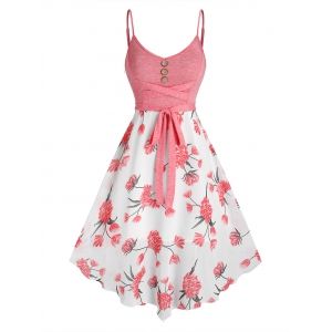 

Button Criss Cross Flower Printed Slip Dress, Pink rose