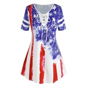 

Plus Size American Flag Star Lace-up Short Sleeve T-shirt, Multi