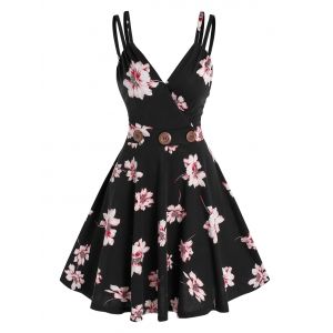 

Floral Print Mini Surplice Dress, Black