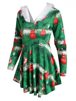Christmas Tree Ball Print Faux Fur Panel T Shirt - GREEN - XXXL