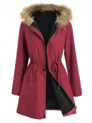 Manteau Panneau en Fausse Fourrure Taille à Cordon - RED WINE - M